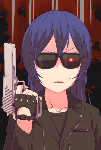 ayasaka, blue_hair, desert_eagle, fingerless_gloves, gloves, glowing, glowing_eye, gun