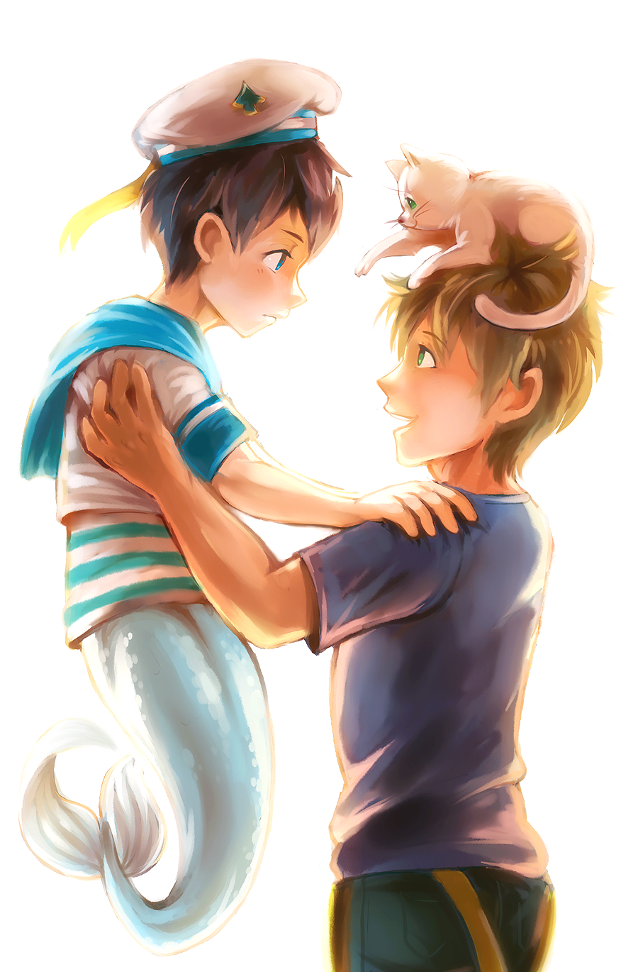 animal_on_head, black_hair, blue_eyes, brown_hair, carrying, cat, child, free!