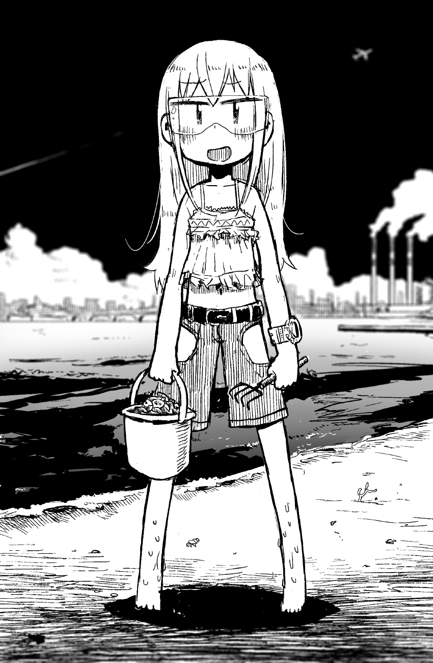1girl, airplane, barefoot, blurry, depth_of_field, full_body, goggles, hade_na_kangofu