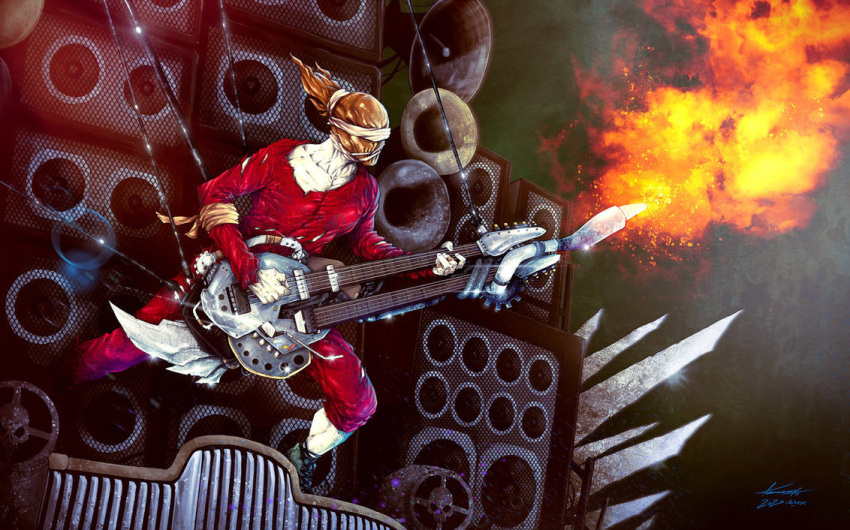 1boy, artist_request, electric_guitar, flamethrower, guitar, instrument, mad_max, mad_max:_fury_road