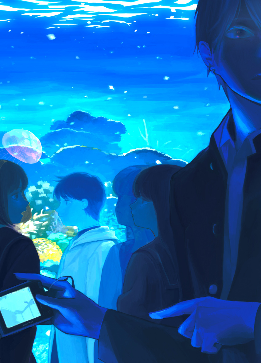 2boys, 3girls, absurdres, aquarium, bangs, blue, camera, coral