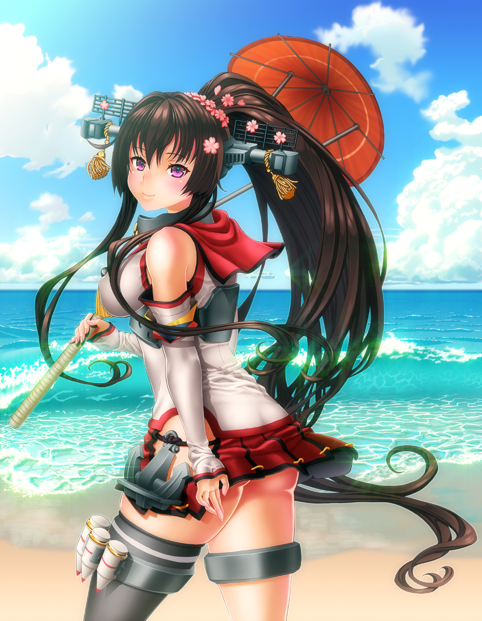 1girl, beach, breasts, brown_eyes, brown_hair, detached_sleeves, enshinryoku_(ticktack), flower