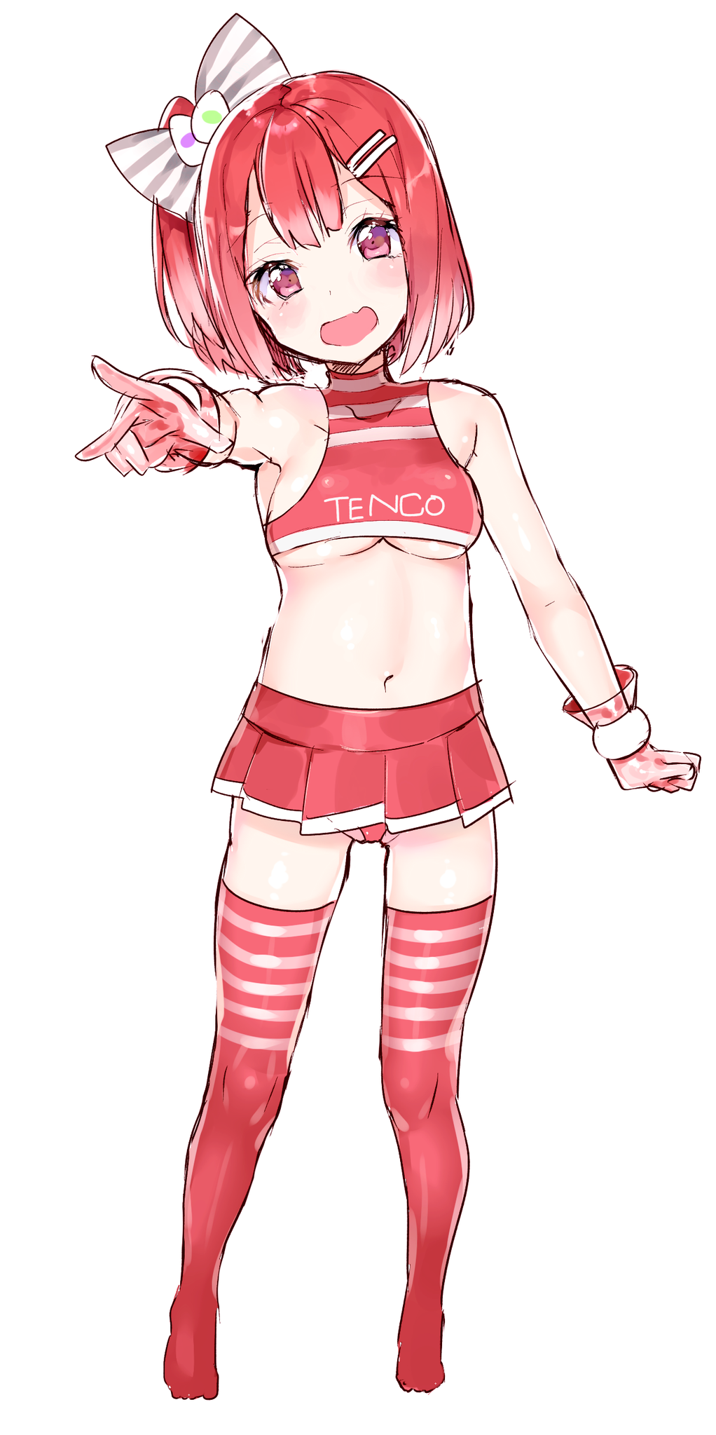1girl, :d, bow, breasts, gloves, hair_bow, hair_ornament, hairclip, highres, hoyashi_rebirth, miniskirt, navel, open_mouth, original, red_eyes, redhead, short_hair, side_ponytail, simple_background, skirt, smile, solo, tenga, thigh-highs, under_boob, v, white_background