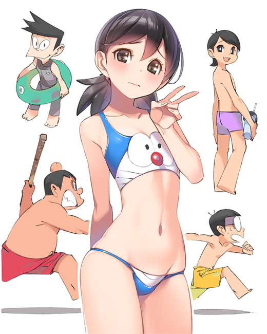 1girl, 4boys, arm_behind_back, black_eyes, black_hair, blush, bra, collarbone, dekisugi_hidetoshi, doraemon, gouda_takeshi, honekawa_suneo, innertube, minamoto_shizuka, multiple_boys, navel, nobi_nobita, panties, ponytail, pop_kyun, print_bra, print_panties, simple_background, solo, swimsuit, underwear, v, white_background