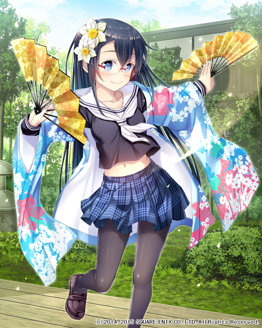 1girl, black_hair, blue_eyes, copyright_request, fan, flower, folding_fan, glasses, hair_flower, hair_ornament, highres, japanese_clothes, long_hair, namaru_(summer_dandy), navel, official_art, original, pantyhose, plaid, plaid_skirt, school_uniform, serafuku, skirt, smile, solo, yosakoi