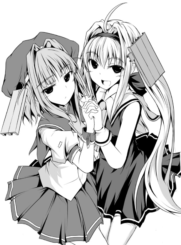 2girls, arumi-san, bangs, hair_ornament, hand_holding, heat_sink, holding_hands, long_hair