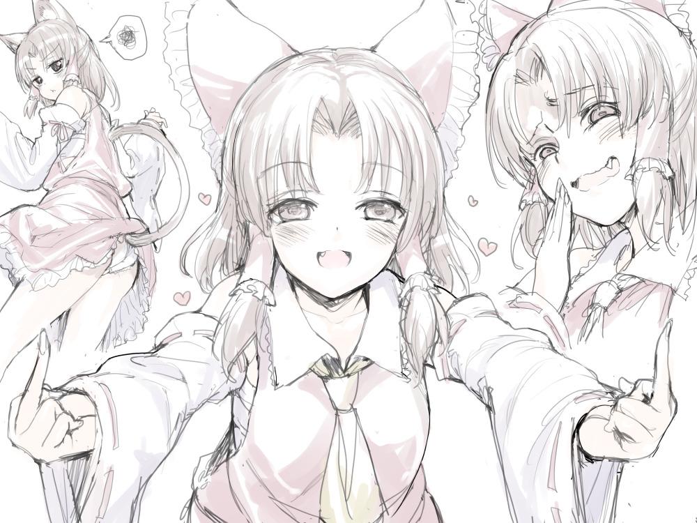 3girls, animal_ears, ascot, ass, back, blush, brown_hair, cat_ears