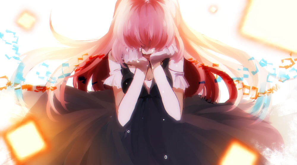1girl, black_dress, crying, dress, long_hair, mairieux_(vocaloid), mede, megurine_luka