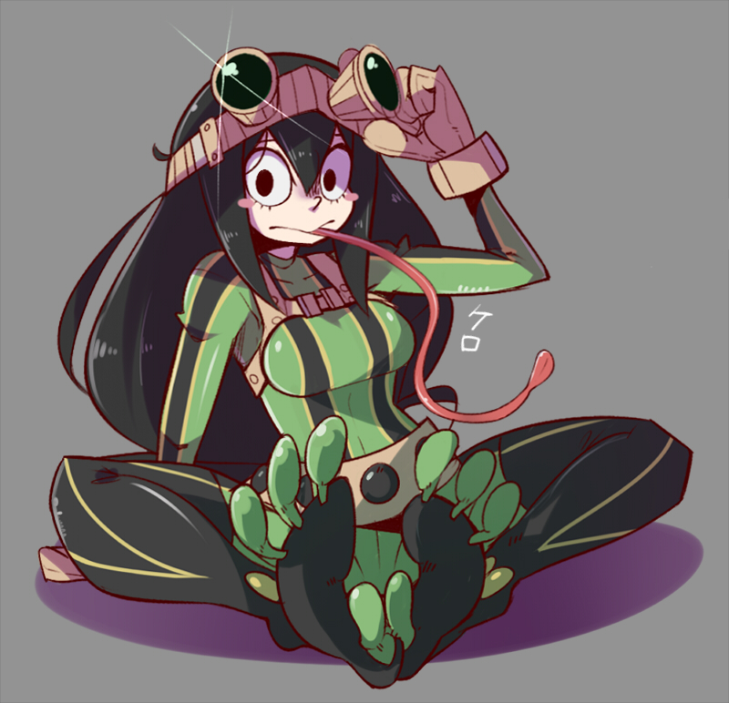 1girl, :>, asui_tsuyu, belt, black_eyes, black_hair, bodysuit, boku_no_hero_academia, brown_gloves, frog_girl, gloves, goggles, goggles_on_head, hua113, long_hair, sitting, solo, tongue, tongue_out, webbed_feet