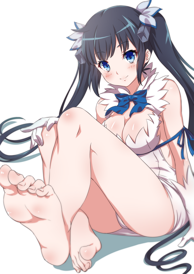 1girl, barefoot, black_hair, blue_eyes, blush, breasts, cleavage, dungeon_ni_deai_wo_motomeru_no_wa_machigatteiru_darou_ka