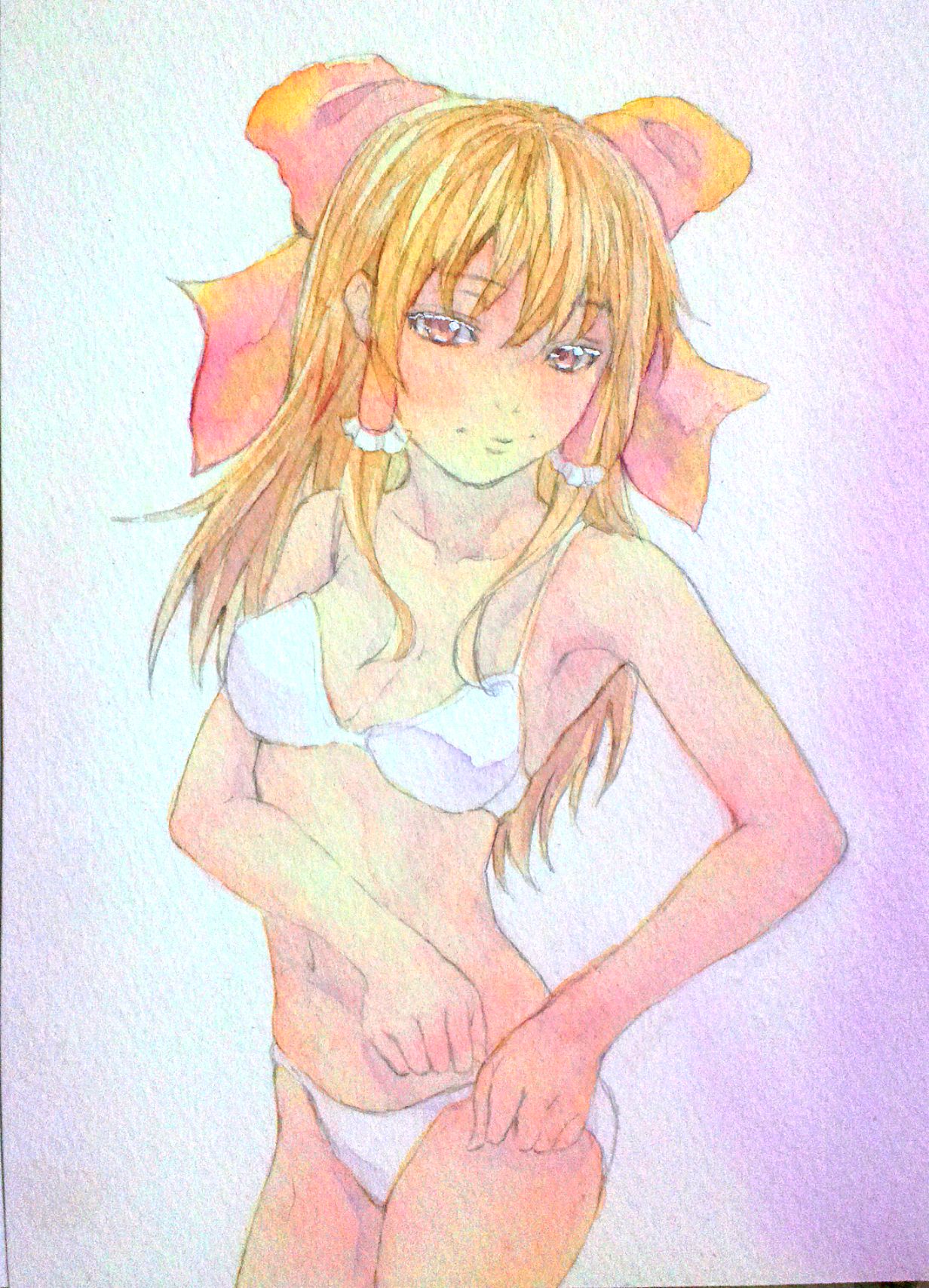1girl, adjusting_clothes, adjusting_swimsuit, bikini, bow, brown_hair, collarbone, cowboy_shot