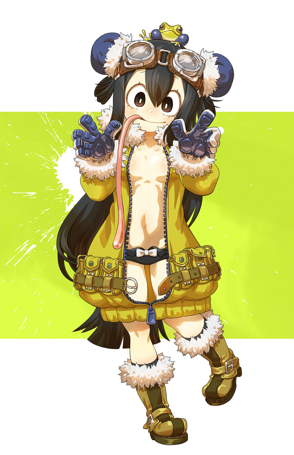 1girl, :>, alternate_costume, alternate_hairstyle, animal, animal_on_head, asui_tsuyu, black_hair