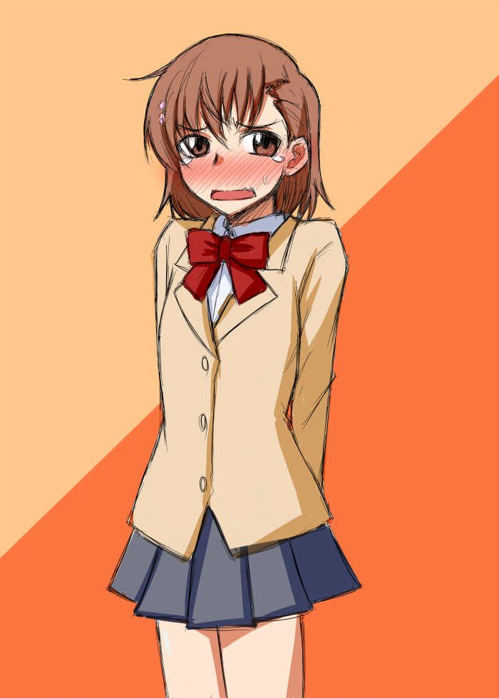 1girl, blush, brown_eyes, brown_hair, misaka_mikoto, okota1869, school_uniform, short_hair