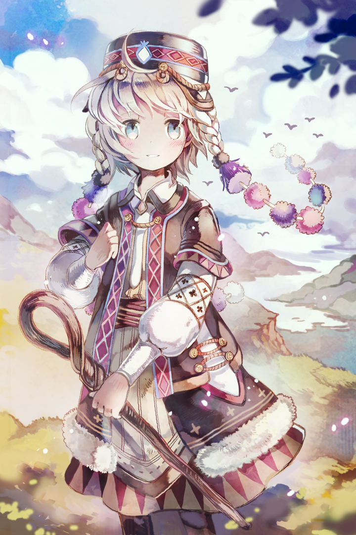 1boy, binch, blue_eyes, blush, braid, clouds, cloudy_sky, crescent