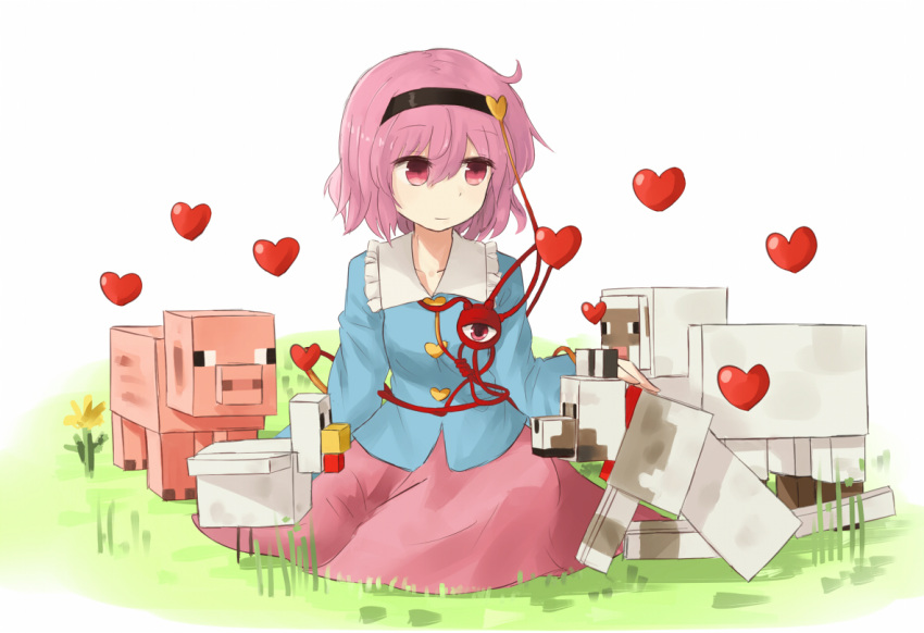 1girl, bird, chicken, eyeball, grass, hairband, heart, hinami047
