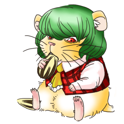animalization, ascot, eating, green_hair, hamster, hamster_ears, kazami_yuuka, locomon
