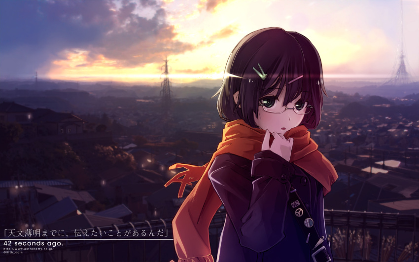1974, 1girl, adjusting_scarf, badge, bangs, brown_hair, building, button_badge