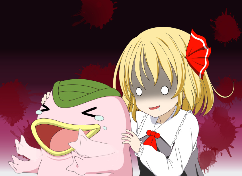 >_<, 1girl, blonde_hair, creature, drooling, hair_ribbon, mocchi_(monster_farm), monster_farm