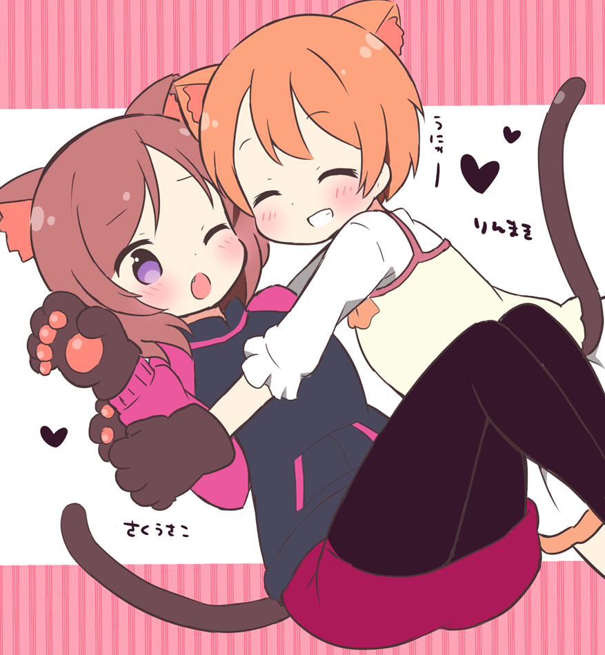 ;o, ^_^, animal_ears, black_legwear, blush, brown_hair, cat_ears, cat_gloves