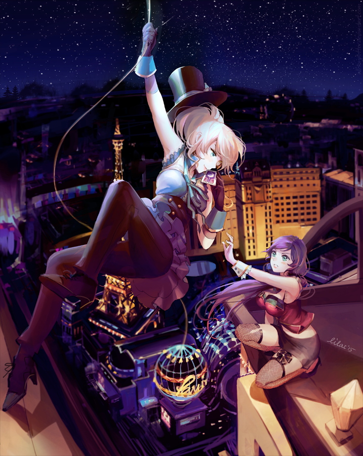 2girls, ayase_eli, blonde_hair, blue_eyes, boots, breasts, bunny_shake, commentary, fishnet_legwear, fishnets, gloves, hat, high_heel_boots, high_heels, long_hair, love_live!_school_idol_project, monocle, multiple_girls, night, night_sky, pants, pants_under_skirt, phantom_thief_erichika, ponytail, purple_hair, reaching, ribbon, rooftop, rope, signature, skirt, sky, squatting, star_(sky), starry_sky, tarot, thigh-highs, top_hat, toujou_nozomi, twintails, wrist_cuffs