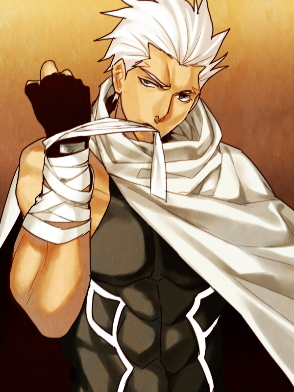 1boy, archer, bandages, cape, fate/stay_night, fate_(series), fingerless_gloves, gloves
