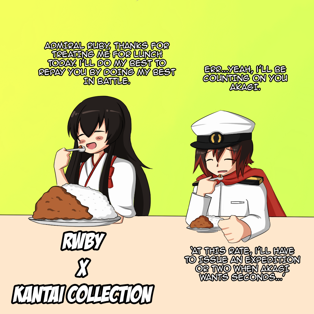 2girls, admiral_(kantai_collection)_(cosplay), akagi_(kantai_collection), brown_hair, cape, closed_eyes, crossover, curry