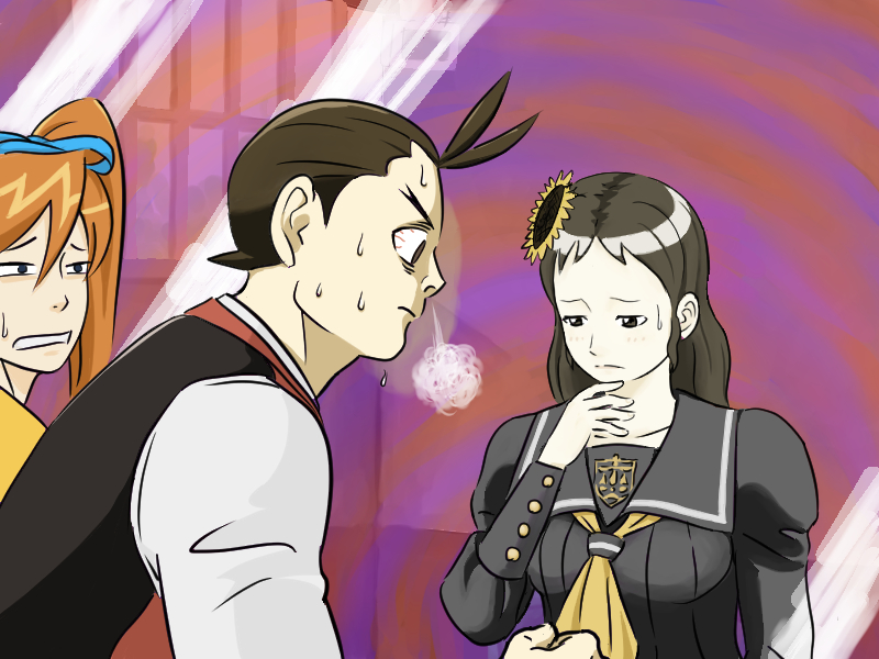 2girls, blush, gameplay_mechanics, gyakuten_saiban, kizuki_kokone, looking_at_breasts, morizumi_shinobu, multiple_girls