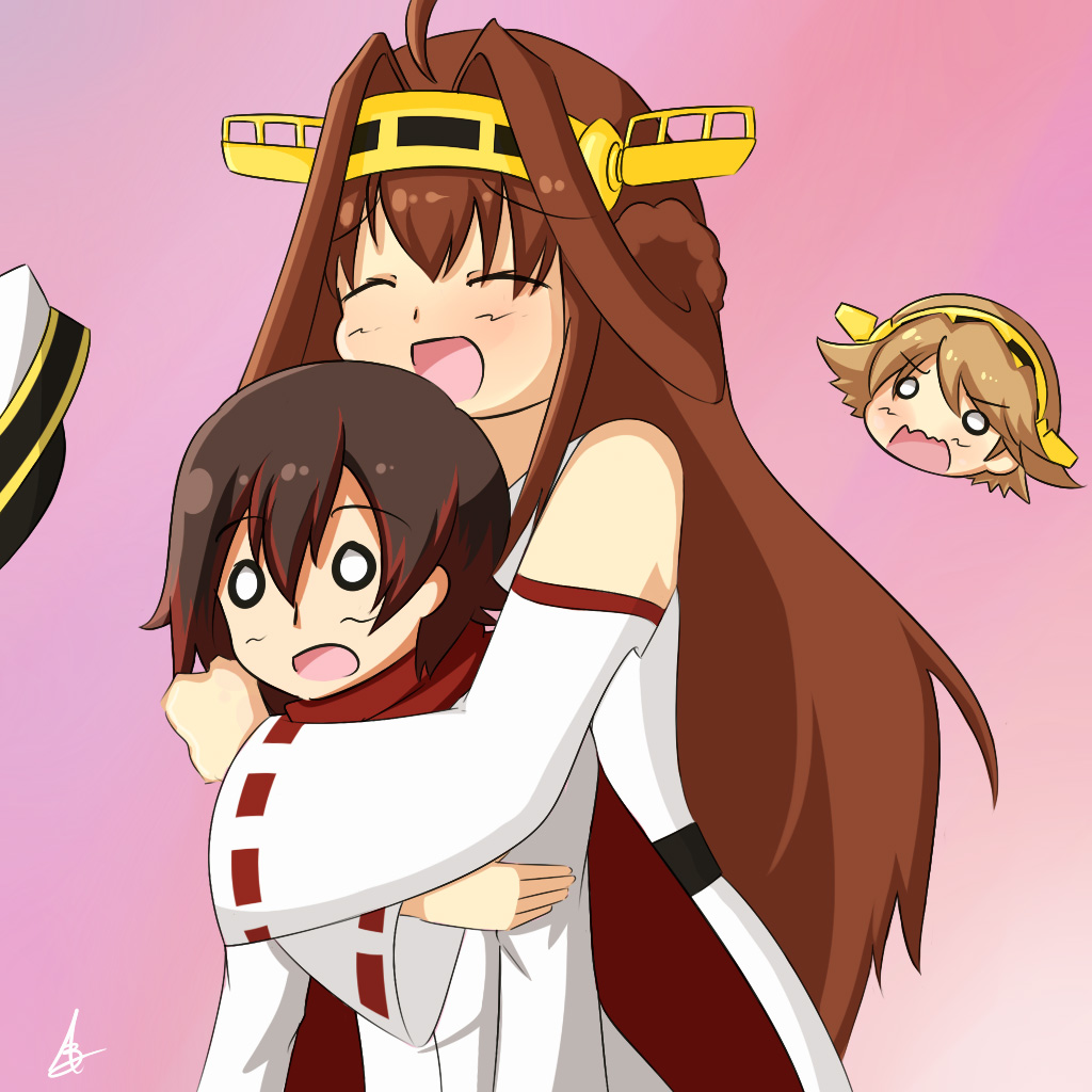 2girls, admiral_(kantai_collection)_(cosplay), ahoge, bare_shoulders, brown_hair, cape, crossover, detached_sleeves