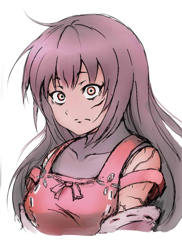 1girl, black_hair, breasts, crazy_eyes, detached_sleeves, enbanzyou, leotard, long_hair