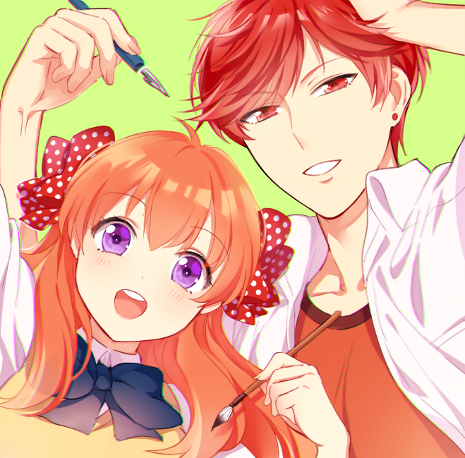 1boy, 1girl, apfl0515, bow, ear_studs, earrings, gekkan_shoujo_nozaki-kun, hair_bow