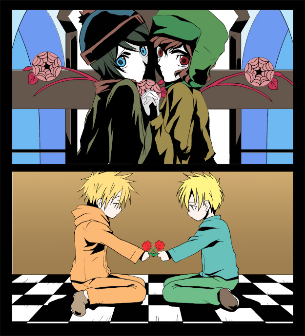 black_hair, blonde_hair, blue_eyes, butters_stotch, flower, hat, hoodie, kenny_mccormick