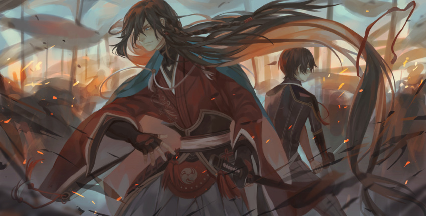 2boys, 91_(968087), battle, black_hair, flag, horikawa_kunihiro, izumi-no-kami_kanesada, japanese_clothes