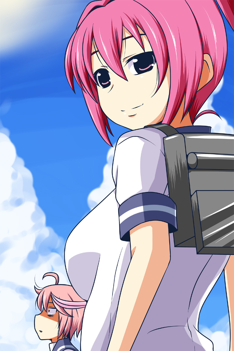 2girls, ahoge, bags_under_eyes, blue_sky, clouds, highres, i-168_(kantai_collection), i-58_(kantai_collection), kantai_collection, long_hair, looking_at_viewer, machinery, multiple_girls, nishi_koutarou, orel_cruise, pink_eyes, pink_hair, ponytail, school_uniform, serafuku, short_hair, sky, smile, upper_body