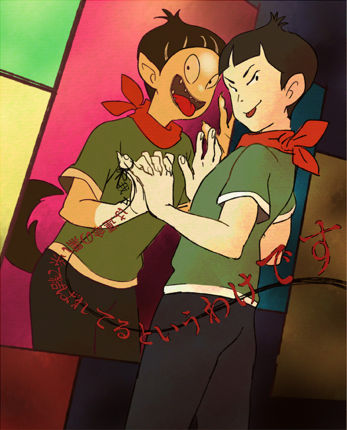 2boys, dog_tail, dual_persona, fingernails, futarou_(1214), interlocked_fingers, looking_at_viewer, multiple_boys, ozu_(yojouhan), pointy_ears, reflection, scarf, sharp_fingernails, short_hair, string_around_finger, t-shirt, tail, tongue, tongue_out, translation_request, yojouhan_shinwa_taikei