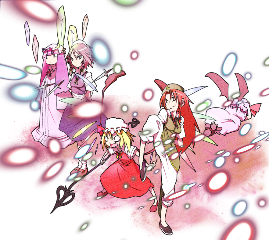 braid, cowering, danmaku, fang, flandre_scarlet, hair_ribbon, hat, hiding