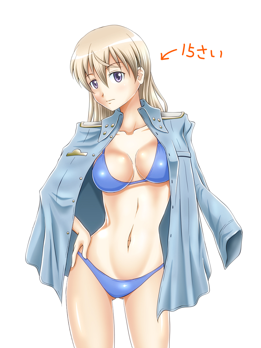 1girl, bikini, blonde_hair, eila_ilmatar_juutilainen, hand_on_hip, highres, hiro_yoshinaka, long_hair, looking_at_viewer, military, military_uniform, navel, solo, strike_witches, swimsuit, uniform, violet_eyes