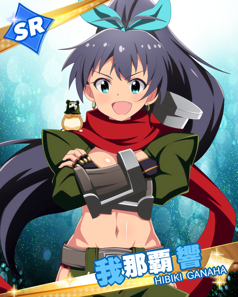 1girl, animal_on_shoulder, antenna_hair, aqua_eyes, black_hair, blazblue, crossed_arms, earrings, fang, fingerless_gloves, ganaha_hibiki, gloves, hair_ribbon, hamster, hamuzou, hoop_earrings, idolmaster, idolmaster_million_live!, jabara921, jewelry, long_hair, looking_at_viewer, midriff, navel, open_mouth, ponytail, ribbon, scarf, shishigami_bang, shishigami_bang_(cosplay), solo