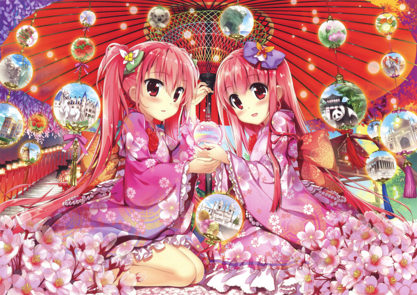 2girls, :d, absurdres, beads, blush, bow, building, castle