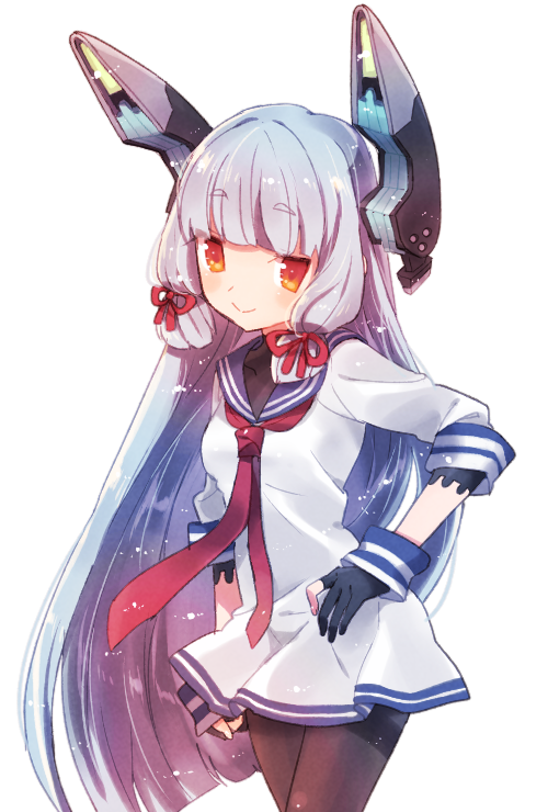 1girl, blue_hair, fingerless_gloves, gloves, hair_ribbon, hand_on_hip, headgear, kantai_collection