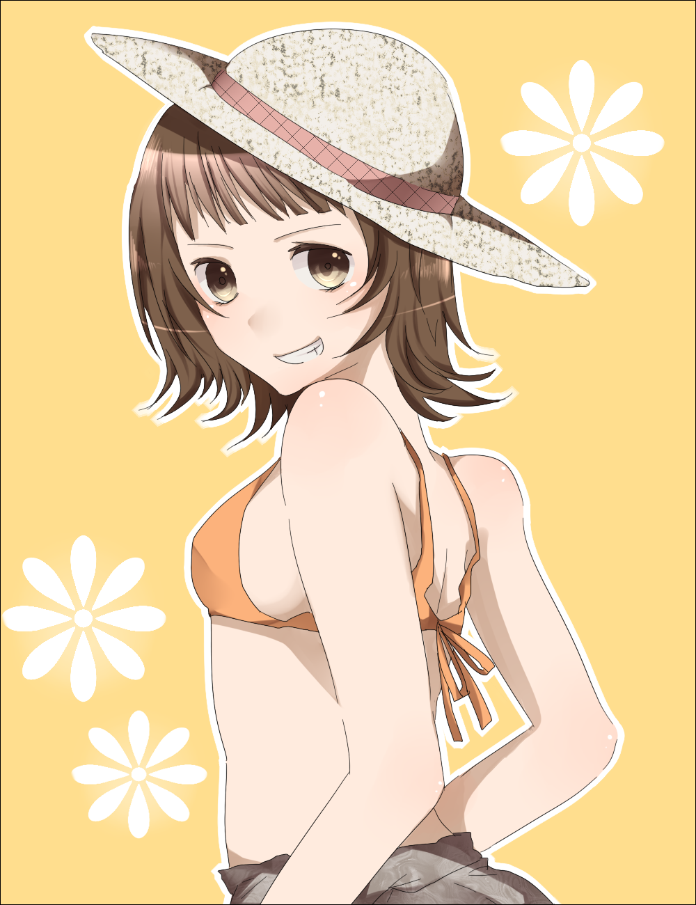 amami_haruka, bad_id, bare_shoulders, bikini_top, brown_eyes, brown_hair, grin, hat