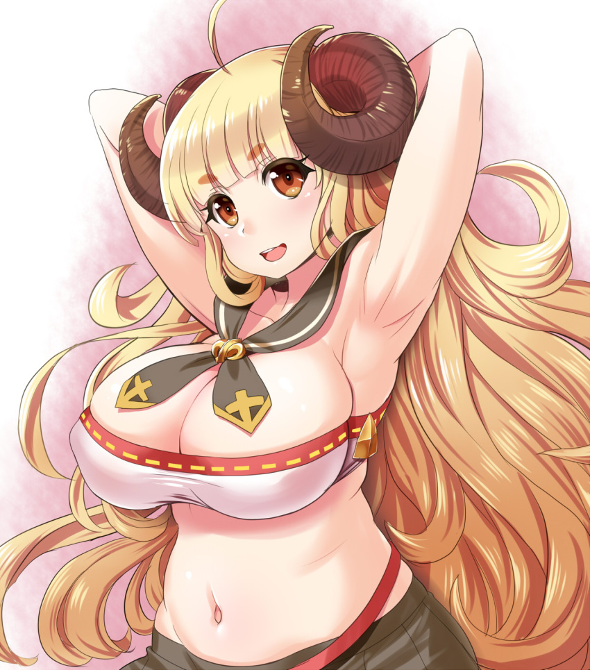 1girl, ahoge, anira_(granblue_fantasy), armpits, arms_up, blonde_hair, blush, breasts