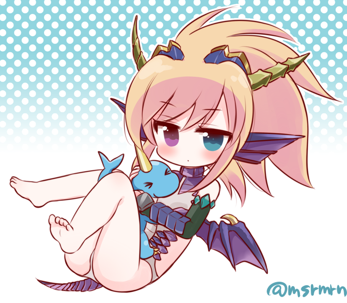 >_<, 1girl, bangs, bare_legs, barefoot, blonde_hair, blue_eyes, blue_sonia_(p&amp;d)