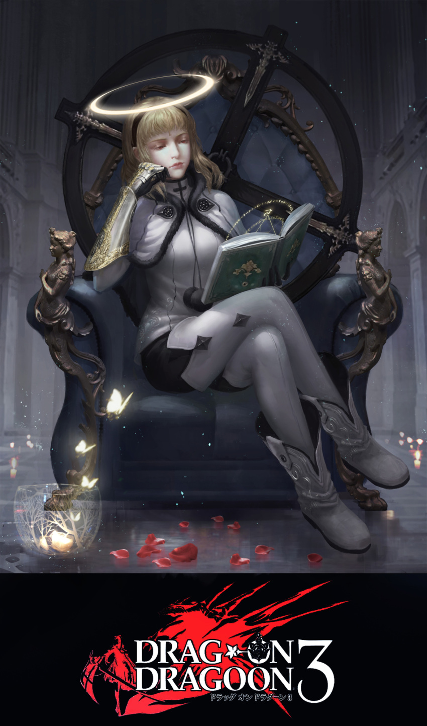 1girl, artist_request, blonde_hair, book, bowl, butterfly, capelet, cross