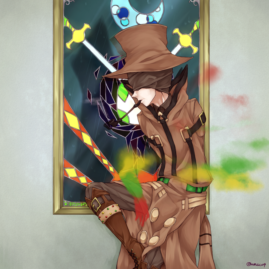 1boy, amaco4, armless, beheeyem, boots, brown_boots, brown_clothes, covered_eyes