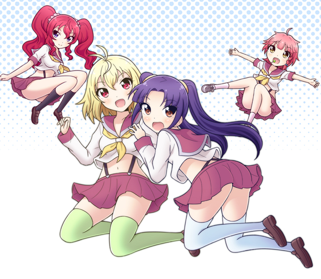4girls, ahoge, angelise_ikaruga_misurugi, black_legwear, blonde_hair, blue_legwear, blush, braid