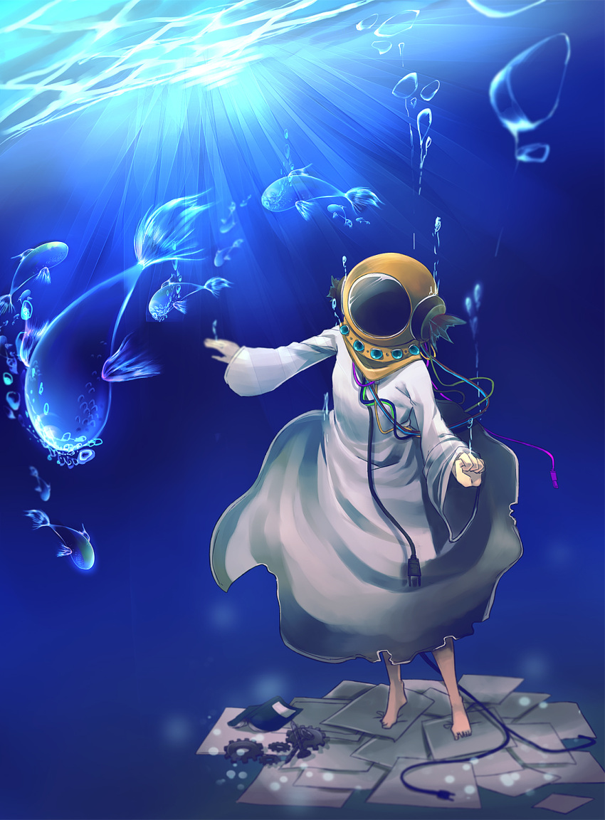 .flow, 1girl, barefoot, bubble, cable, chitose_mame, commentary, diving_helmet, dress, fish, gears, helmet, highres, light_rays, notebook, oreko, paper, screw, sunbeam, sunlight, underwater