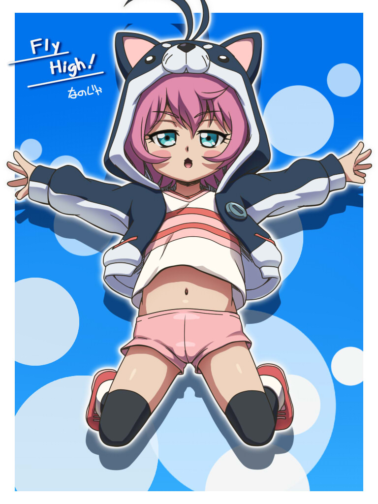 1girl, animal_hood, awa, battle_spirits:_burning_soul, black_legwear, blue_background, blue_eyes, blush_stickers