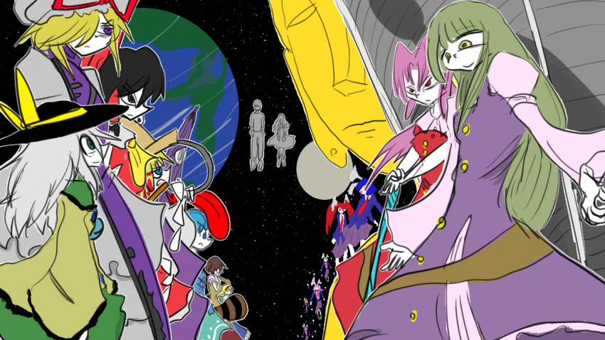 alice_margatroid, futatsuiwa_mamizou, hakurei_reimu, komeiji_koishi, moriya_suwako, multiple_girls, sentaku-bune, tatara_kogasa