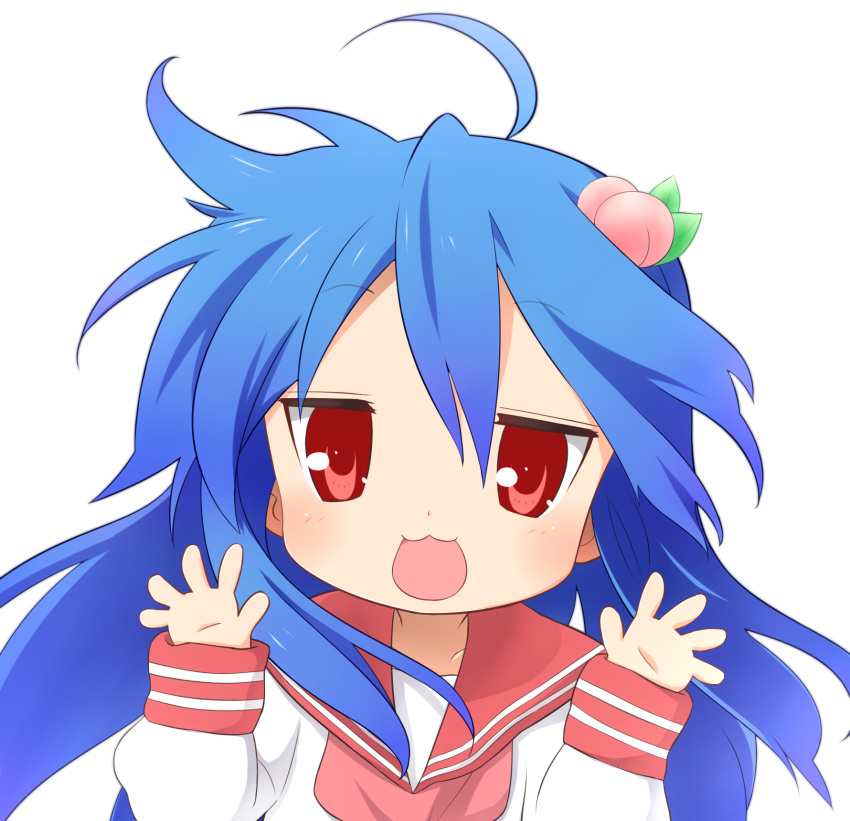 1girl, :3, ahoge, blue_hair, cosplay, food, fruit, hair_ornament