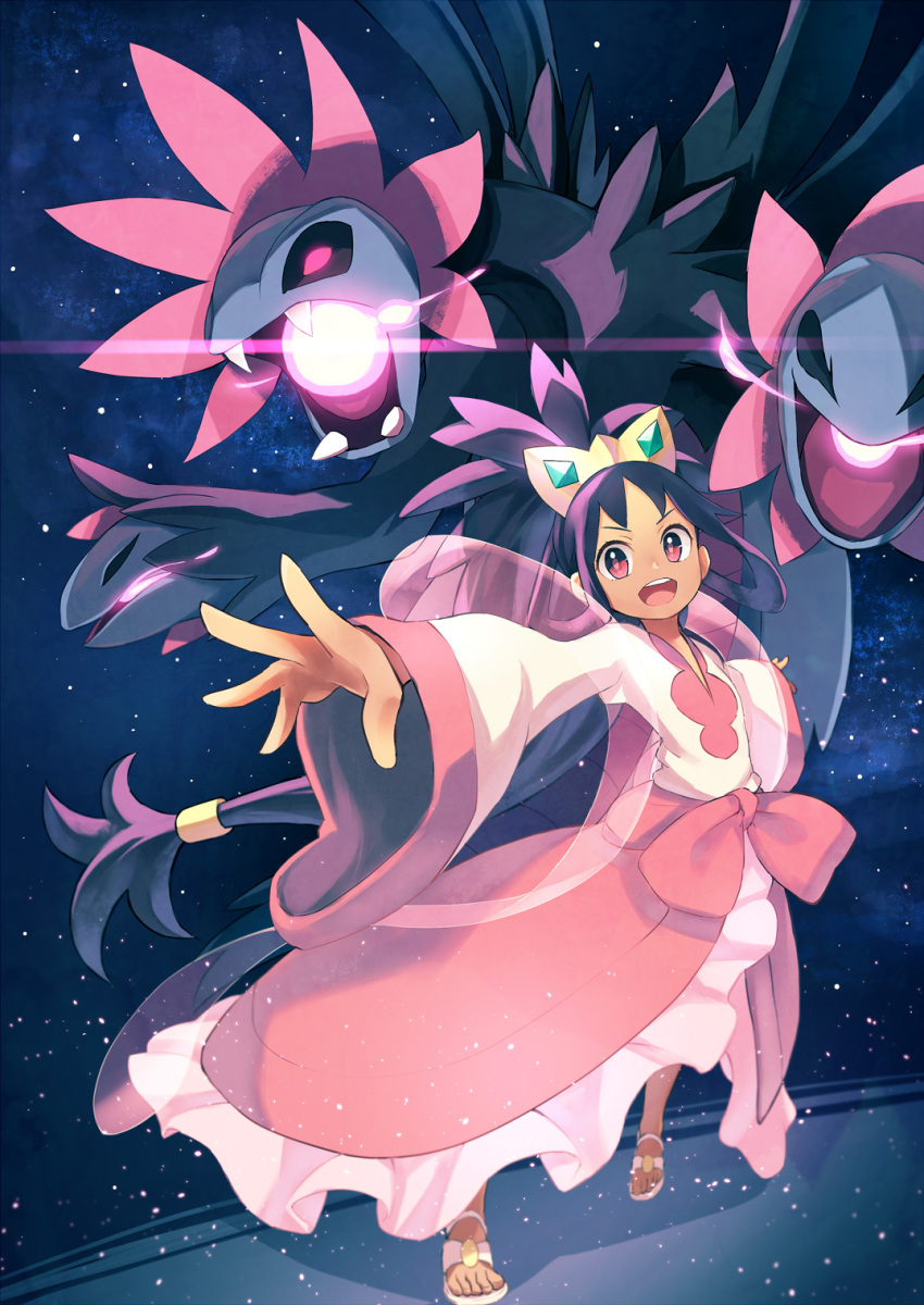 >:d, 1girl, :d, bangs, bow, crown, dress, glowing, hair_ornament, highres, hydreigon, iris_(pokemon), kinshi, long_hair, open_mouth, outstretched_hand, pink_dress, pokemon, pokemon_(creature), pokemon_(game), pokemon_bw, ponytail, purple_hair, red_eyes, ribbon, smile